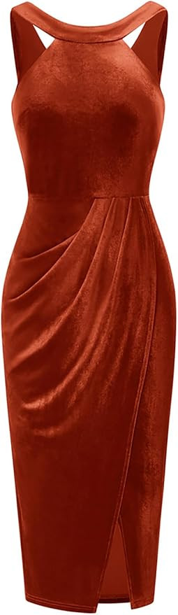 GRACE KARIN Women's Halter Neck Sleeveless Ruched Bodycon Slit Velvet Wrap Party Cocktail Midi Dr... | Amazon (US)