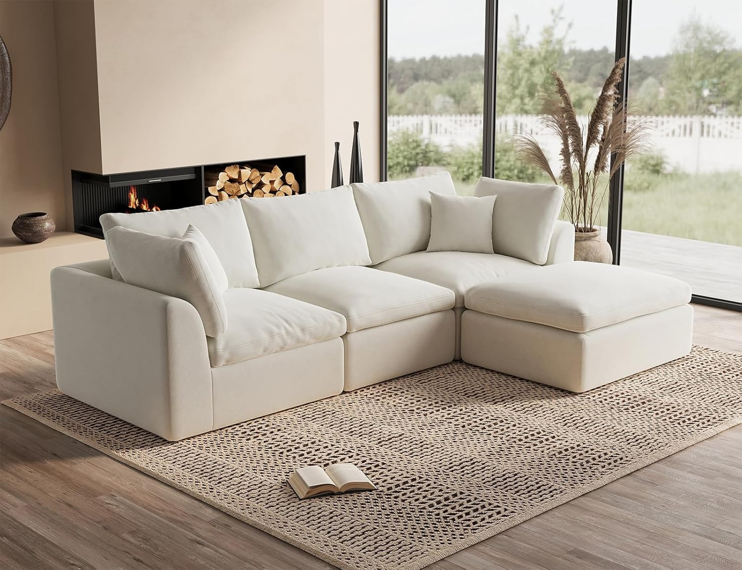 110" Cloud Sectional Couches for Living Room, Convertible L-Shape Couch with Ottoman, 3 Seater Modular Sectional Sofa, Warm White | Amazon (US)