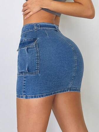 SHEIN SXY Flap Pocket Belted Bodycon Denim Skirt | SHEIN
