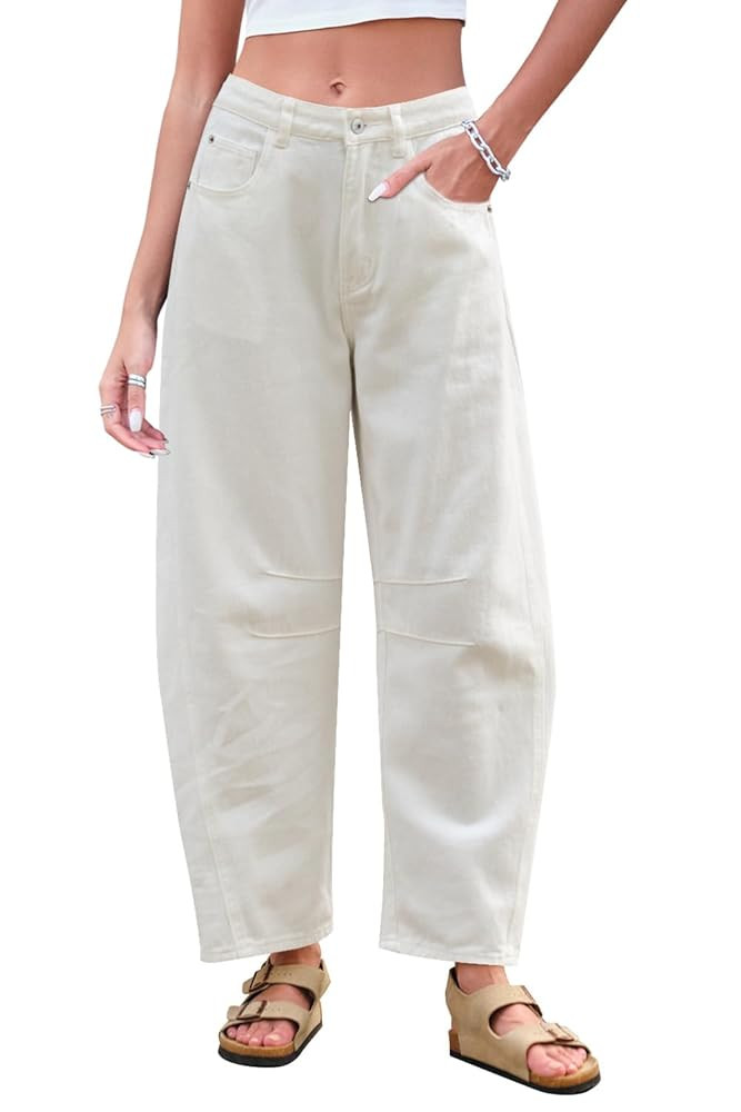 Mid Rise Barrel Jeans for Women Wide Leg Mid Waist Cropped Denim Pants Y2k Baggy Boyfriend Jeans ... | Amazon (US)