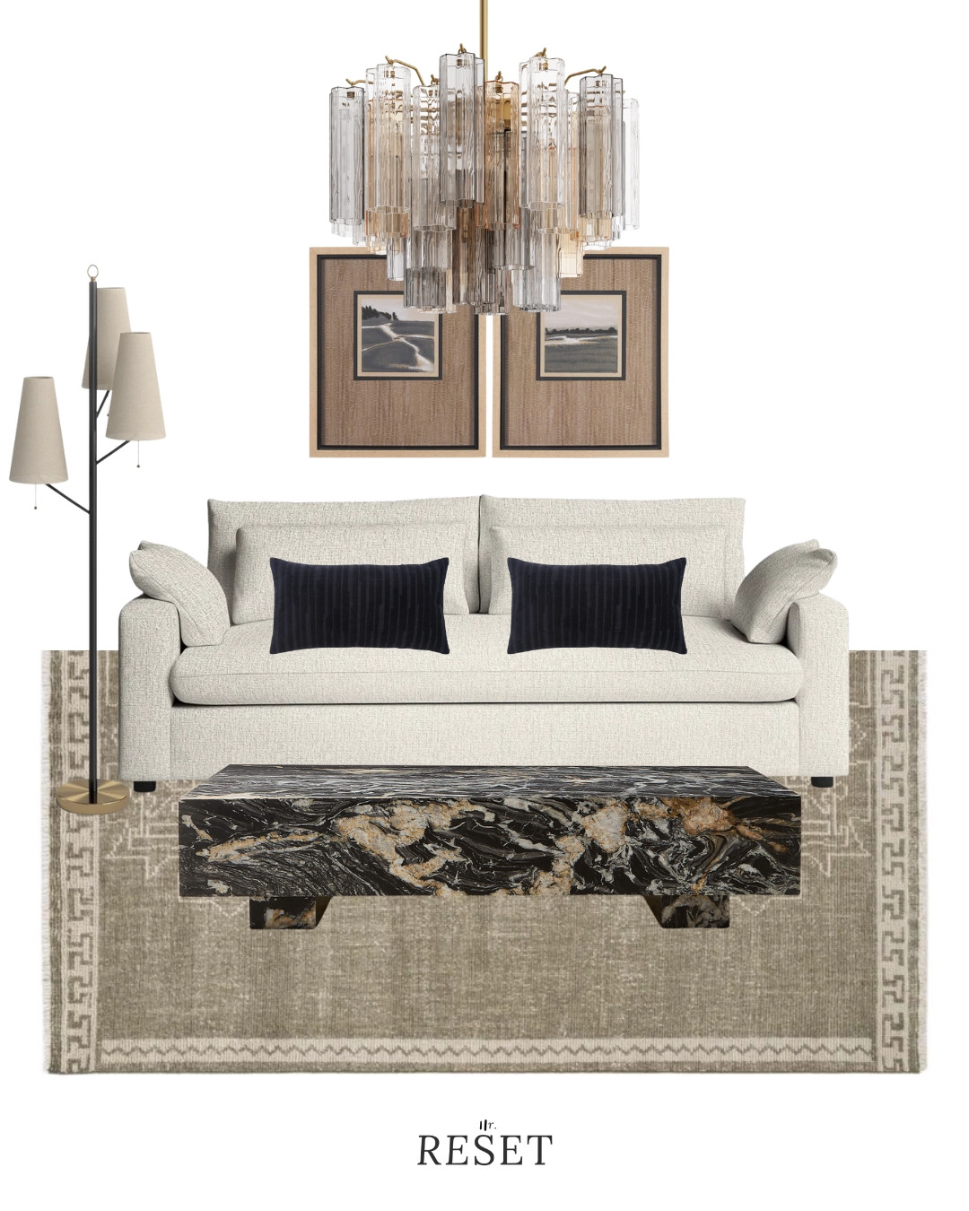 Neutral modern living room furniture with a high-end, layered look.
Featuring an upholstered sofa, stone coffee table, statement glass chandelier, floor lamp, framed wall art, and neutral area rug.
Ideal inspiration for modern, warm modern, or contemporary living rooms. 

 #LTKSeasonal #LTKHome