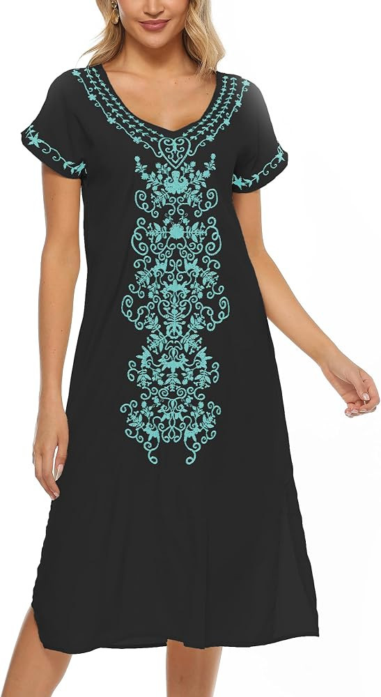 AK Caftan Boho Embroidered Dress for Women V-Neck Short Sleeve Mexican Floral Beach Cover Ups Mid... | Amazon (US)