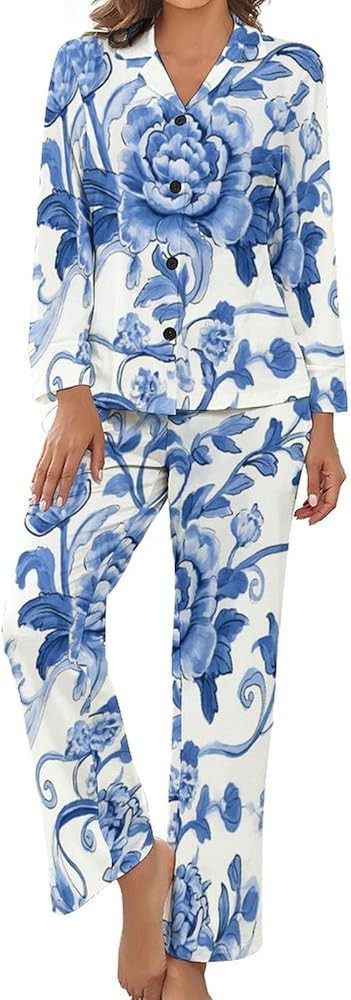 Women 2 PieceChinese style blue and white porcelain flowers Pajama Set Button Down Long Sleeve Wi... | Amazon (US)