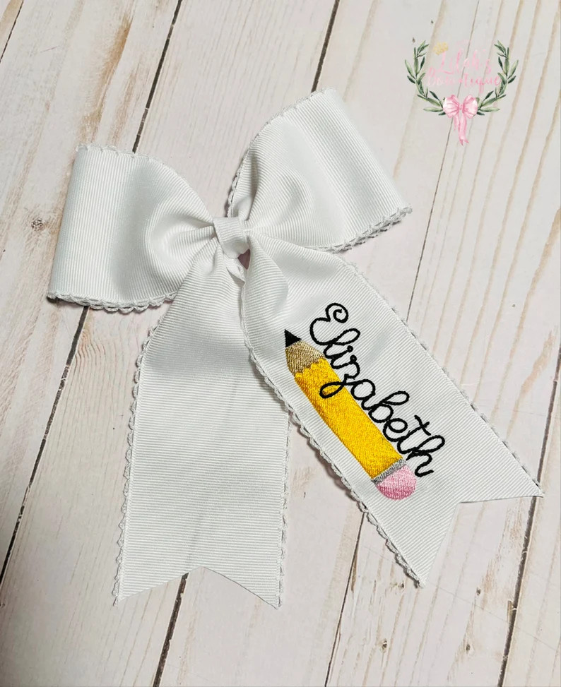Custom embroidered personalized pencil name moonstitch ribbon hair bow, back to school | Etsy (Global)
