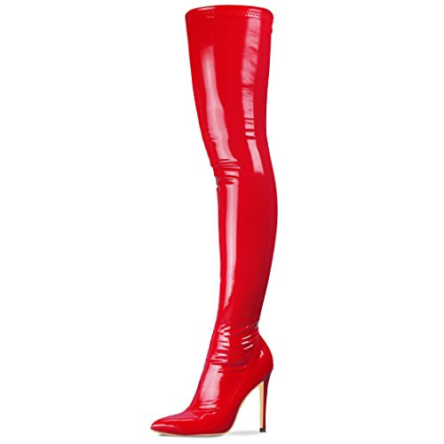 CAMSSOO Thigh High Boots Red Knee High Boots Pointy Toe Womens Boots Patent Leather PU Stiletto Over The Knee Boots Size US11.5 EU44 | Amazon (US)