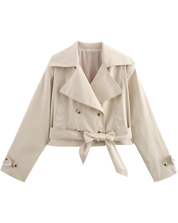 Xunger Women's Stylish Short Trench Coat Bow Belt Casual Long Sleeve Jacket Lightweight Spring Fa... | Amazon (US)