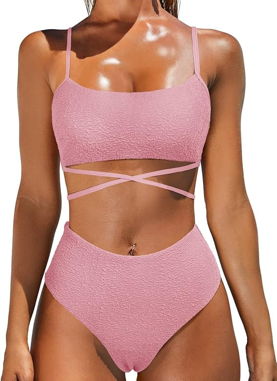 OMKAGI Women's 2 Pieces Bandeau Bikini Swimsuits Off Shoulder High Waist Bathing Suit High Cut | Amazon (US)
