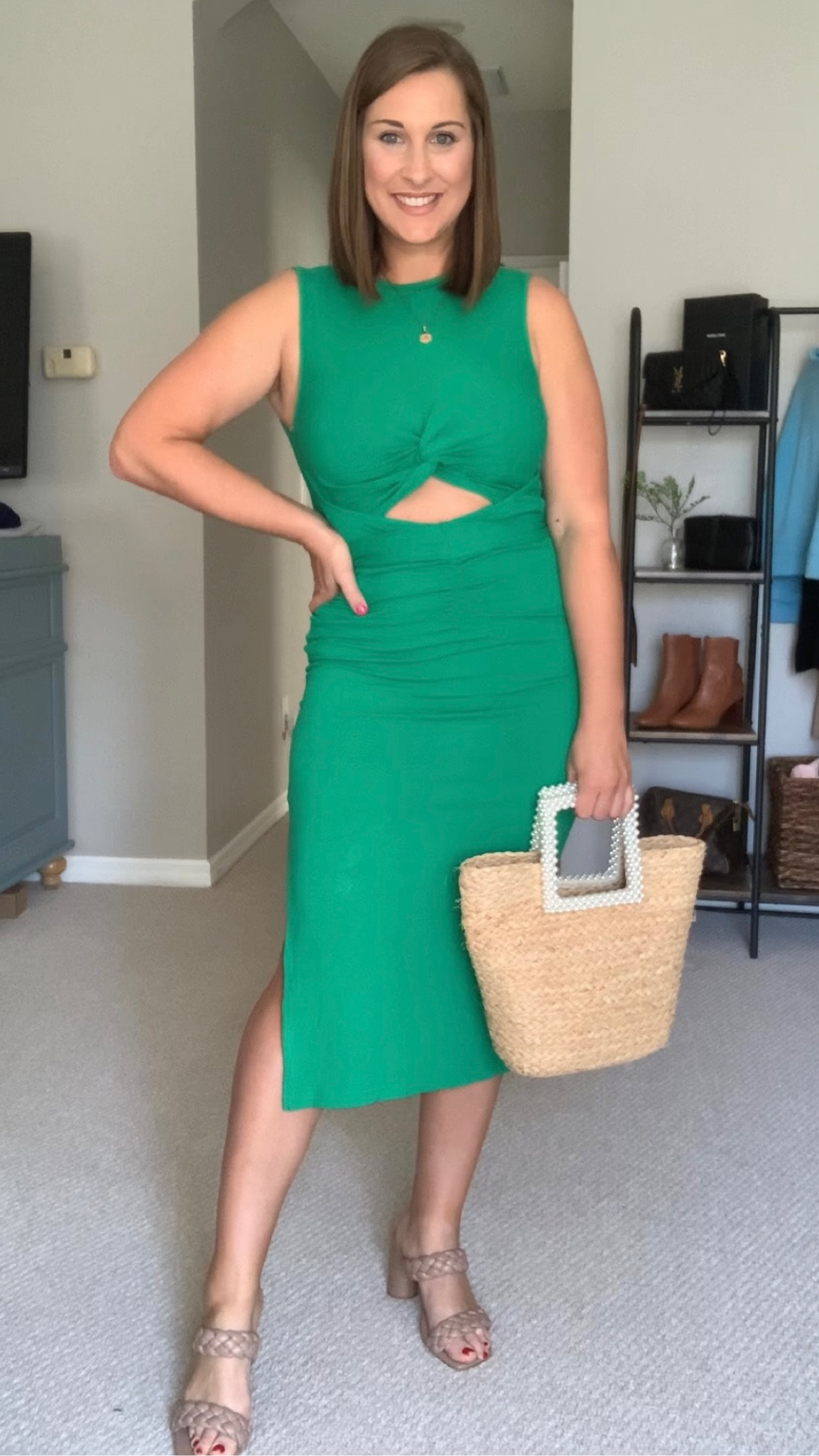 Women's Ribbed Knit Bodycon Midi Dress – Sleeveless With Slit, Twist Front, Crew Neck For Summer & Casual