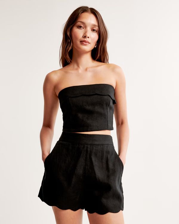 Premium Linen Scallop-Hem Midi Skirt | Abercrombie & Fitch (US)
