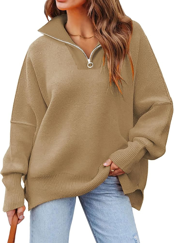 LILLUSORY Women's Oversized Sweaters 2023 Fall Zipper Collared Drop Shoulder Tunic Pullover Split... | Amazon (US)