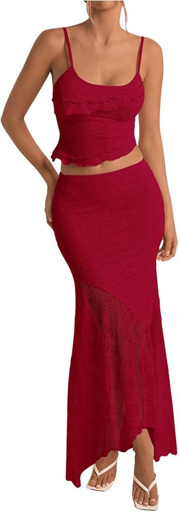 Milumia Women's 2 Piece Outfits Ruffle Trim Cami Crop Top and Low Rise Maxi Skirt Set | Amazon (US)