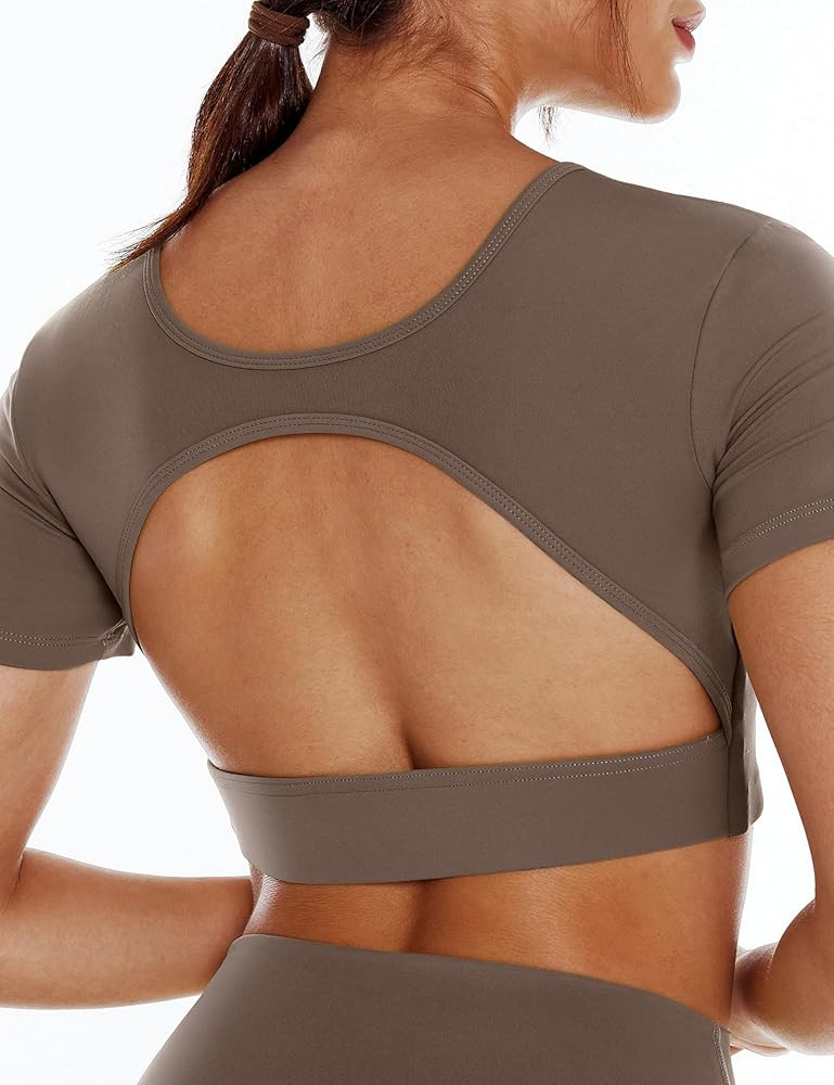 Open Back Workout Crop Tops for Women Backless Yoga Shirts Gym Short Sleeve Mild Support Compress... | Amazon (US)