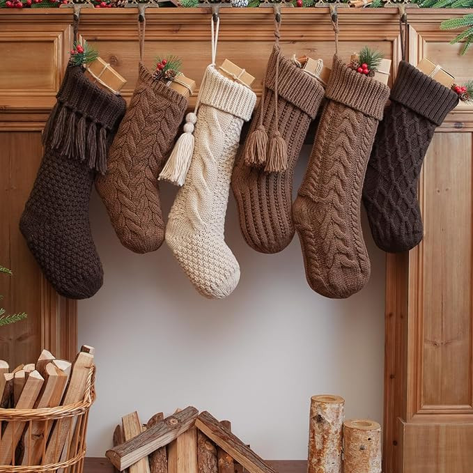 steo spce 6 Pack Vintage Christmas Stockings Brown Tan – Rustic Boho Farmhouse Cable Knit Set, ... | Amazon (US)