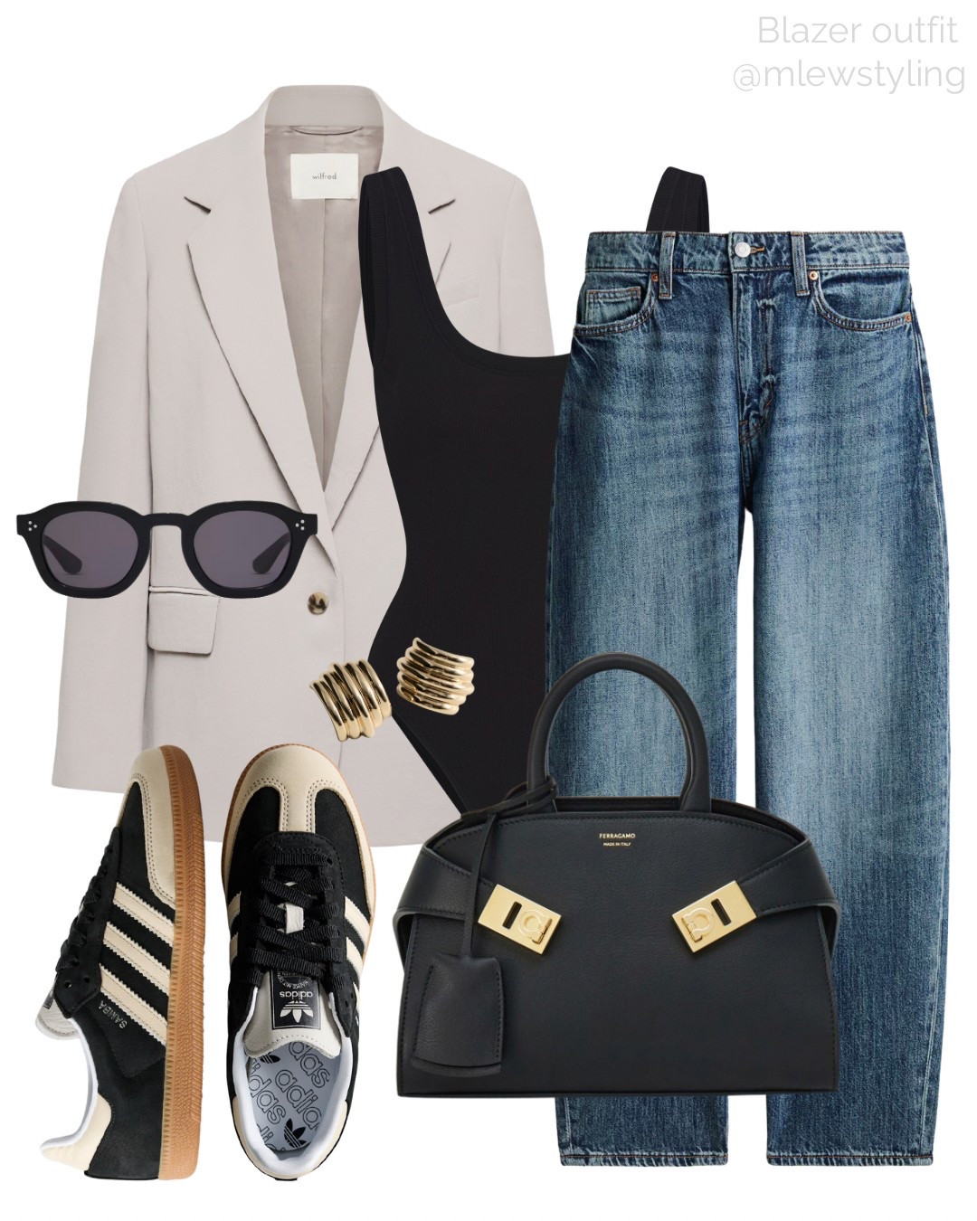 Neutral outfit for spring with a beige blazer, a black skims bodysuit barrel leg jeans, Adidas samba sneakers and a Ferragamo hug bag 🖤

Tags: casual workwear, office outfit, neutral aesthetic, new-in H&M, black sunglasses, gold earrings, work outfit 

#LTKShoeCrush #LTKItBag 

#LTKWorkwear