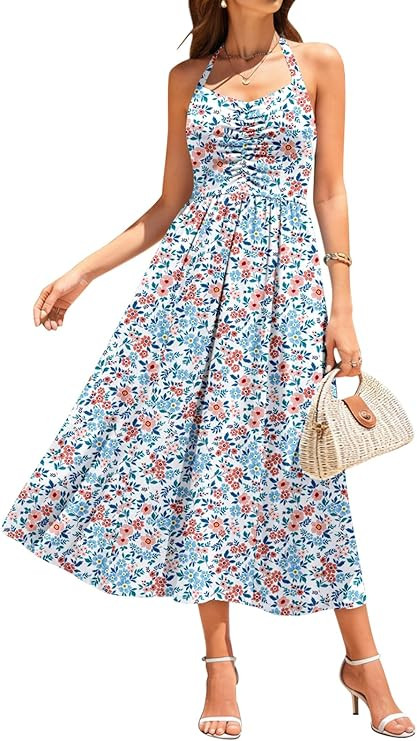 Women’s Sleeveless Halter Midi Dress with Pockets Ruched Casual Sundress for Beach Party and 20... | Amazon (US)