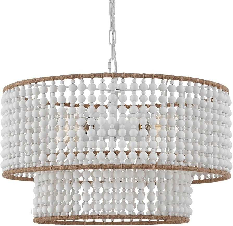 Dia 22 Inch Boho Wood Bead Chandelier Farmhouse, Bohemia Dining Room Light Fixture Over Table, Wh... | Amazon (US)