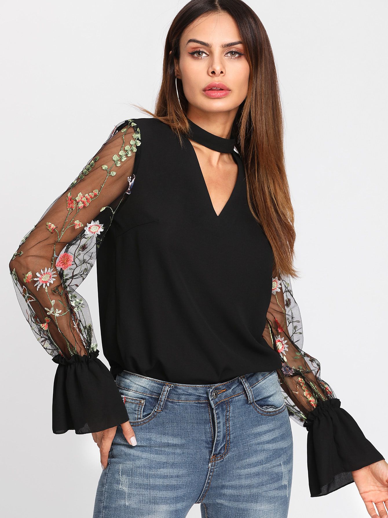 Embroidered Mesh Sleeve Choker Neck Blouse | SHEIN