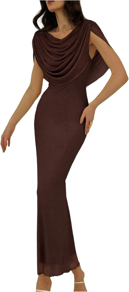 Floerns Women's Elegant Draped Cowl Neck Dress Ruched Bodycon Sleeveless Mesh Wedding Guest Dresses | Amazon (US)
