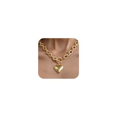 ENSKEFEN Puffy Matte Gold Heart Charm Necklaces for Women Chunky Gold Link Chain Pendant Necklace Toggle Clasp Love Heart Choker Necklace Fashion Jewelry | Amazon (US)