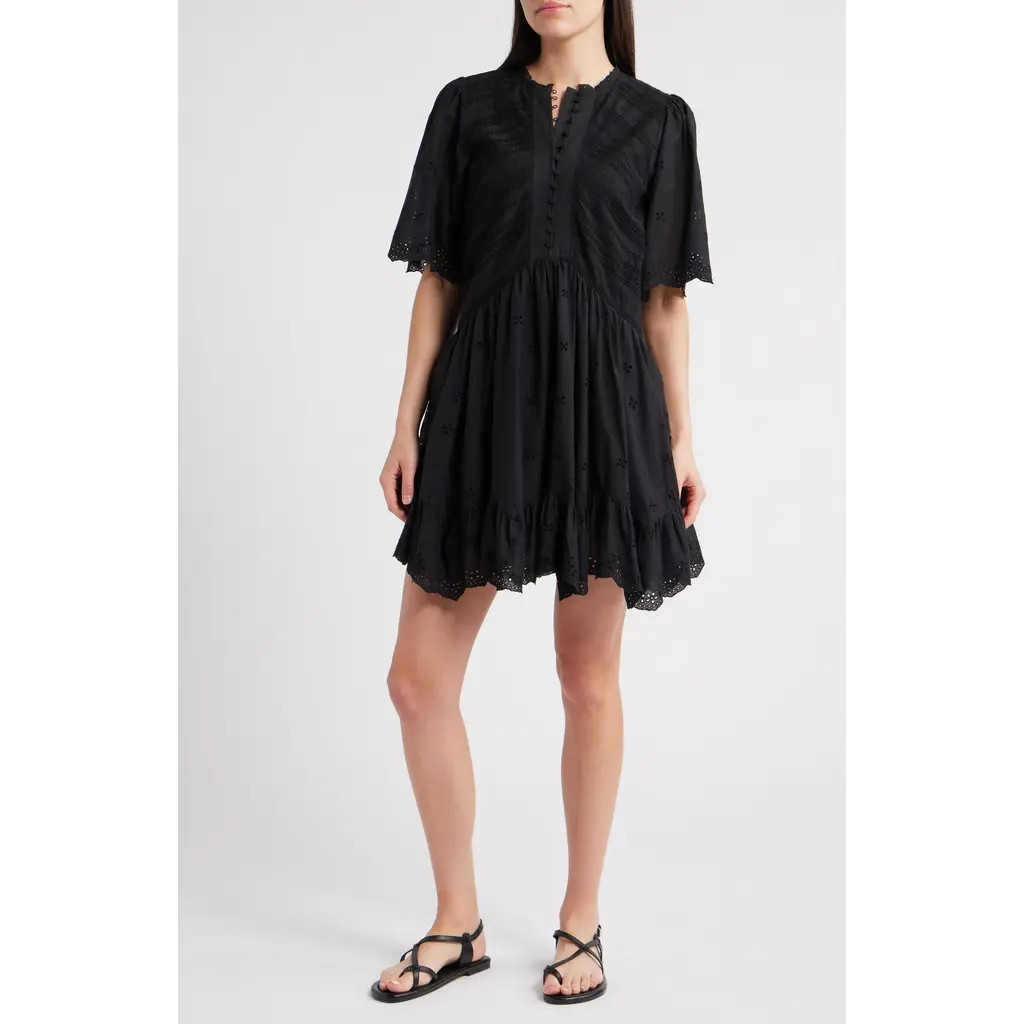 Madewell Eyelet Flutter Sleeve Cotton Minidress in True Black at Nordstrom, Size 12 | Nordstrom