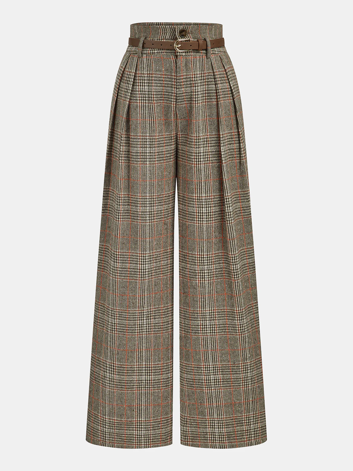 Belted Plaid High-Waisted Pants | Commense
