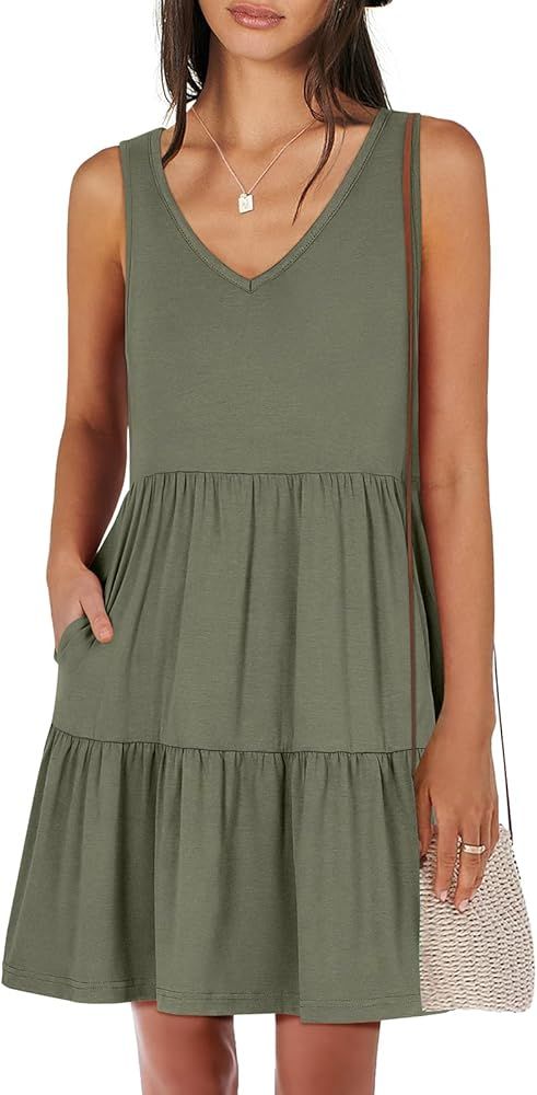 ANRABESS Womens Summer Casual Tank Dress Sleeveless V Neck T Shirt Sundress Flowy Tiered Swing Mi... | Amazon (US)