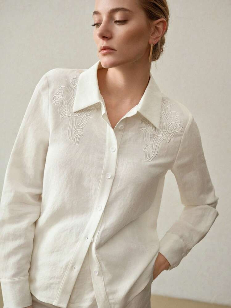 MOTF PREMIUM LEINENHEMD MIT STICKEREI UND KNOPFLEISTE | SHEIN