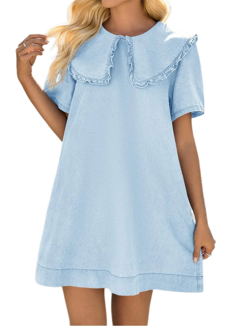 Short Sleeve Summer Women Loose Peter Pan Collar Babydoll Mini Denim Dress | Walmart (US)