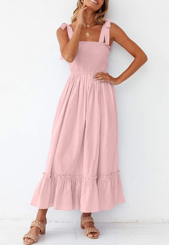 ZESICA Women's Summer Boho Spaghetti Strap Square Neck Solid Color Ruffle A Line Beach Long Maxi Dre | Amazon (US)