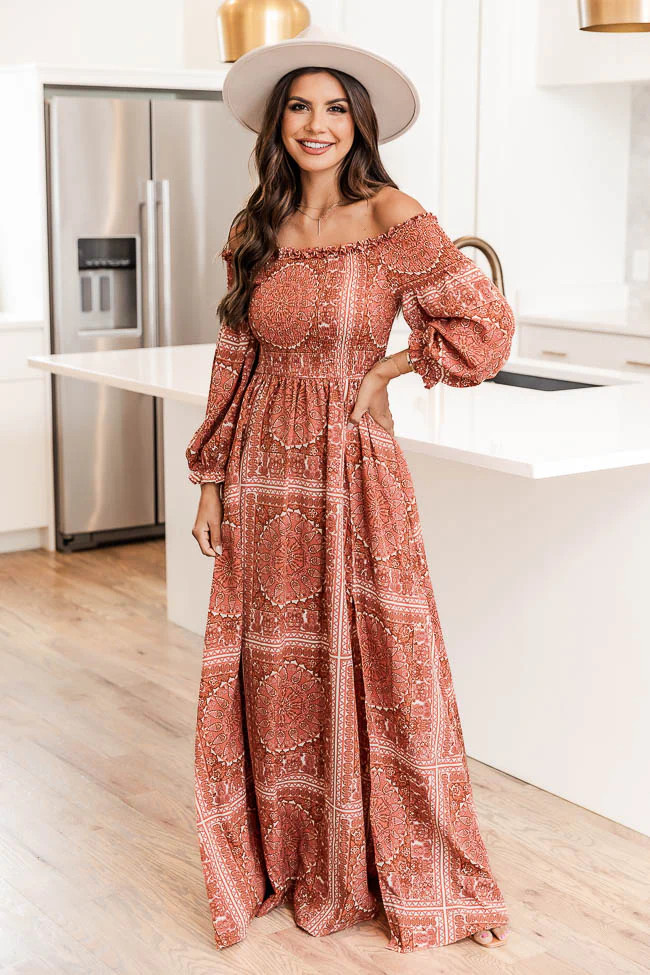 Sounds In My Mind Brick Smocked Bust Off The Shoulder Printed Maxi Dress FINAL SALE | Pink Lily