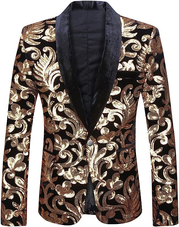 PYJTRL Men Fashion Velvet Sequins Floral Pattern Suit Jacket Blazer | Amazon (US)