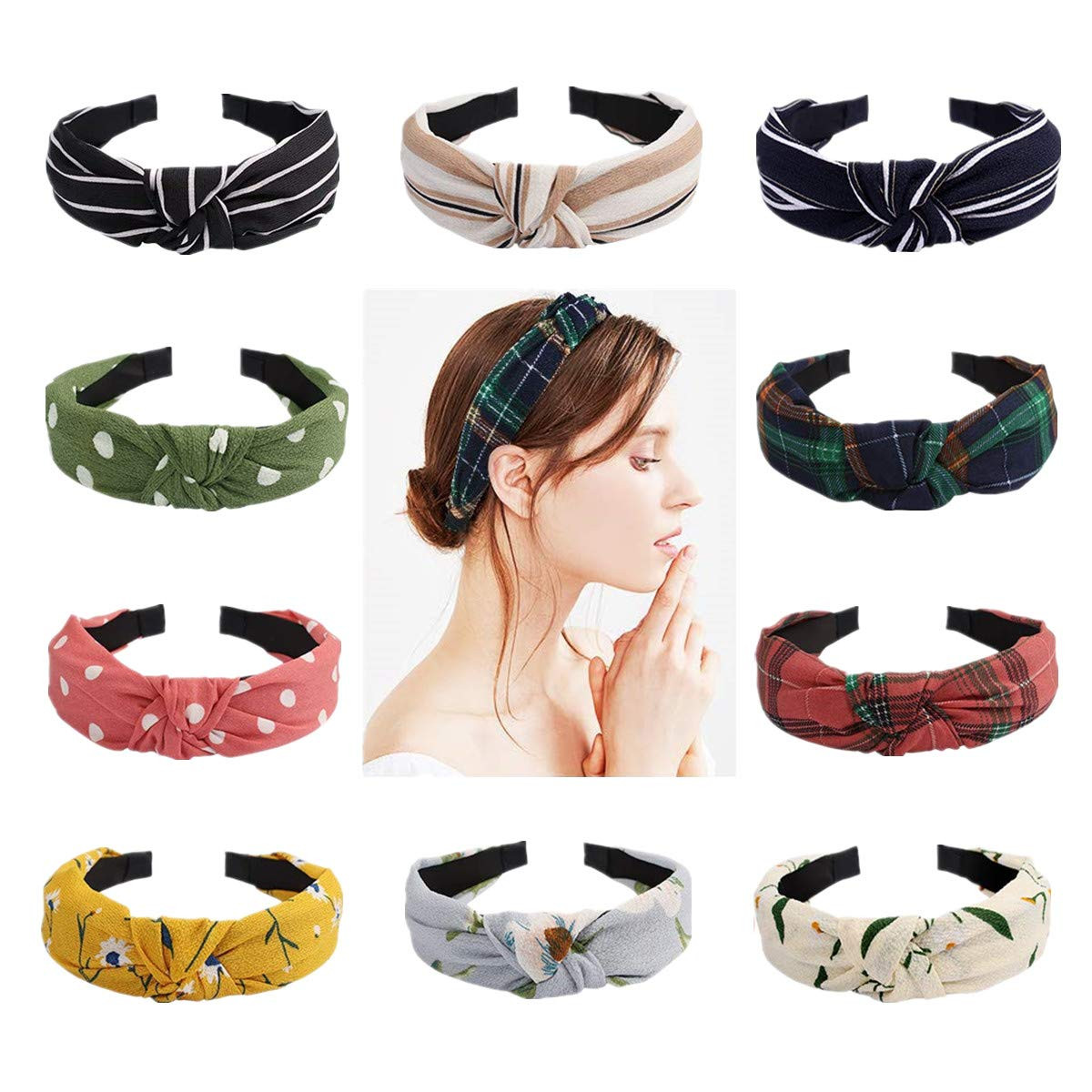 10PCs Knotted Headband for Women, COCIDE Plaid Hair Band Wide Headbands Cotton and Chiffon Headba... | Amazon (US)