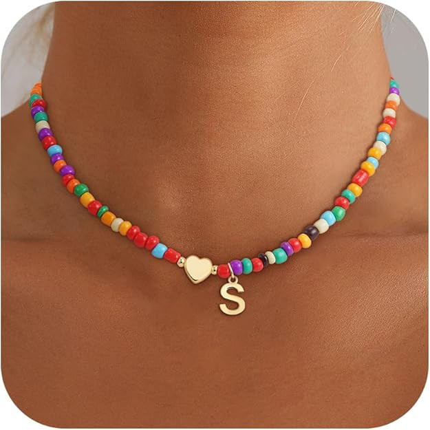 Eaciy Valentines Day Gifts for Kids Women Girls - Colorful Beaded Initial Necklace Teen Girls Tre... | Amazon (US)