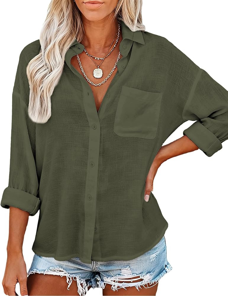 Womens Button Down Shirts with Pockets Long Sleeve Linen Feel Cotton Casual Blouses Loose Fit Sum... | Amazon (US)