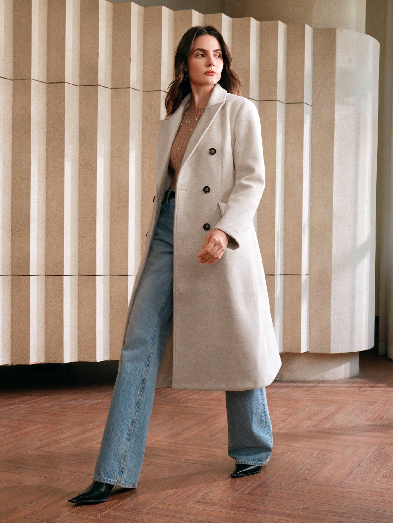 Anewsta Ladies Elegant Lapel Double-Breasted Woolen Coat, Autumn | SHEIN