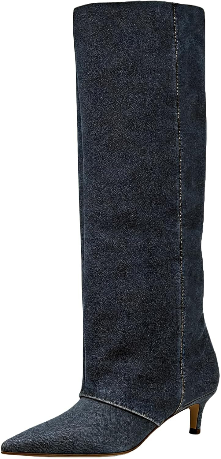 ZBOT Women's Knee-High Boots Pointed-Toe Low-Heel Kitten Heel Boots Slip-On Winter Dress Shoes | Amazon (US)