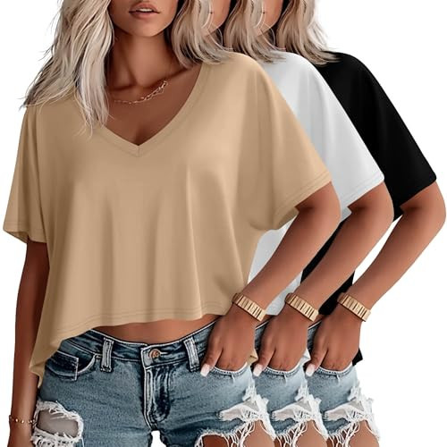 Huukeay 3 Pack Oversized T Shirts for Women Short Sleeve Crop Tops V Neck Tops Irregular Hem Baggy Basic Cropped Tees(Khaki, White, Black,M) | Amazon (US)