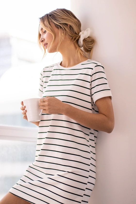 Cafe Society Black and Cream Striped Shirt Dress | Lulus (US)