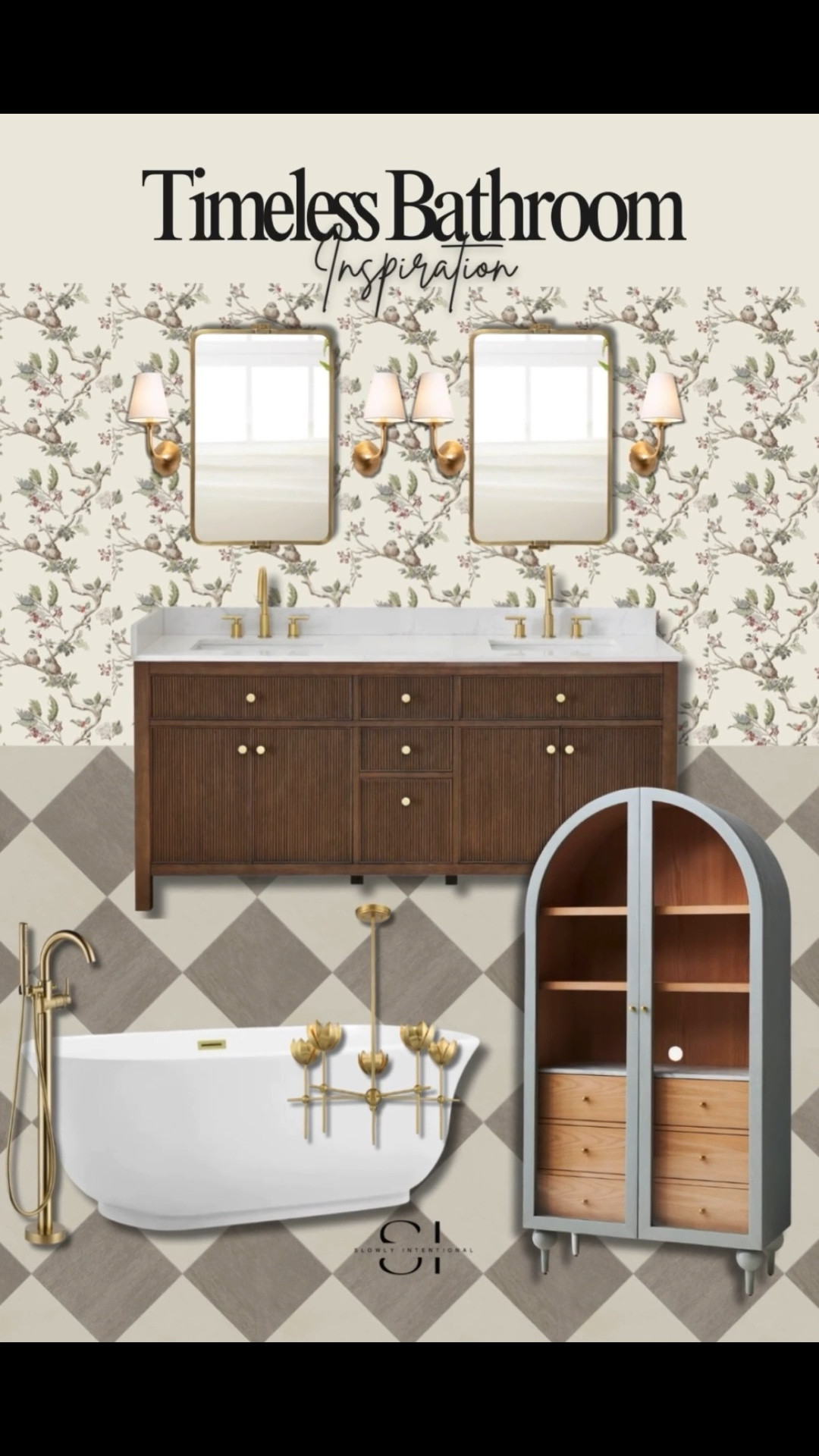 This bathroom design feels timeless and charming! The floral wallpaper adds a soft vintage touch, while the warm brass lighting and fixtures bring in a little glam. I paired a fluted wood vanity with a marble top for texture, plus a freestanding tub with a statement chandelier for spa vibes. The arched cabinet with natural wood drawers ties everything together and adds extra storage. It’s a perfect balance of classic and cozy.

#LTKHome