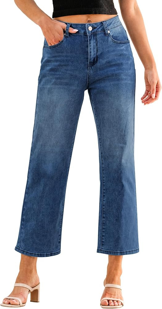 GRAPENT Jeans for Women Trendy High Waisted Baggy Straight Leg Stretchy Denim Ankle Pants Cropped... | Amazon (US)