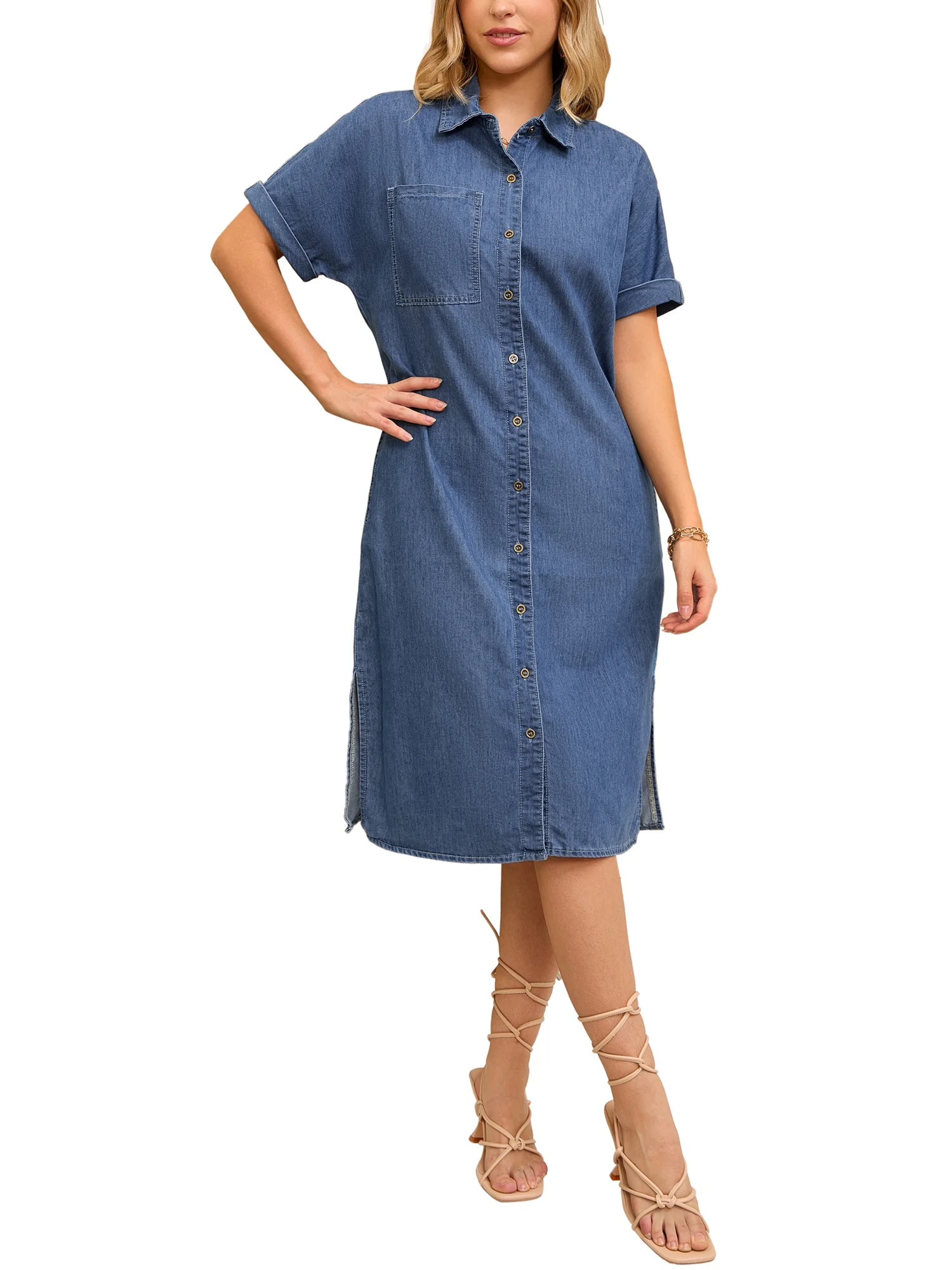 INSPIRE CHIC Women's Denim Dress Summer Short Sleeve Button Down Casual Midi Jean Shirt Dress S B... | Walmart (US)