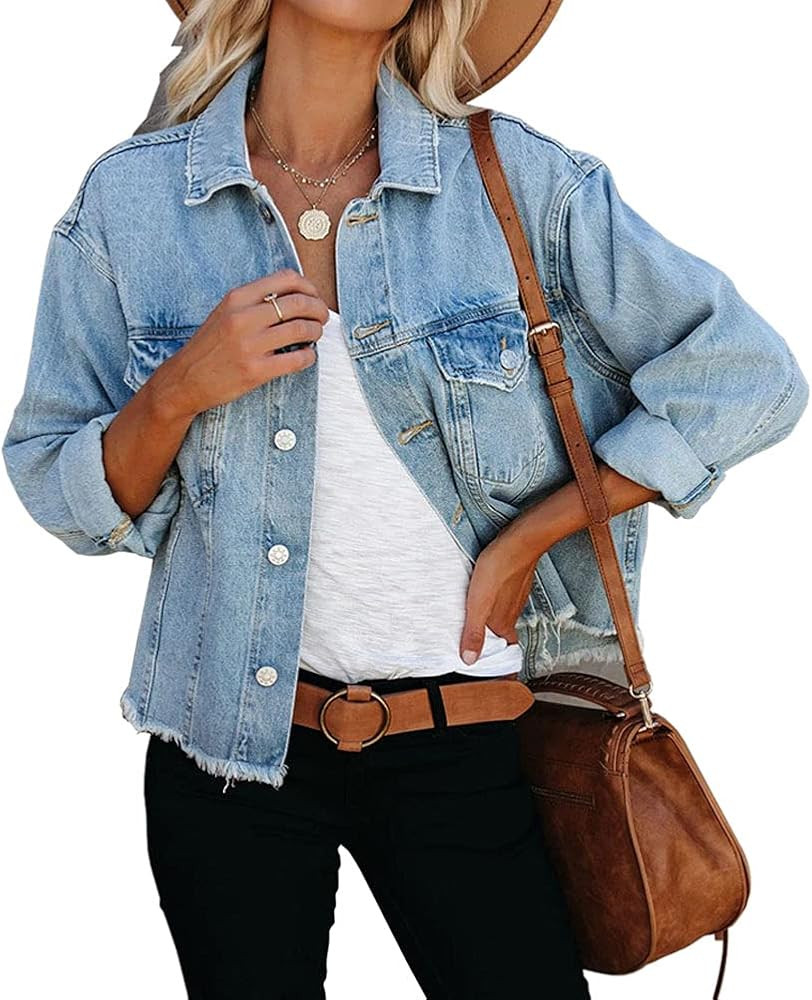 Women's Jean Denim Jacket Classic Trucker Shacket Button Up Frayed Cropped Loose Coats | Amazon (US)