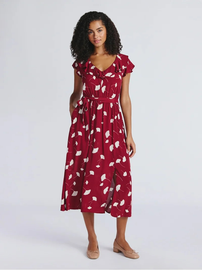 Time and Tru Women's and Women's Plus Ruffle Midi Dress with Flutter Sleeves, Sizes XS-4X | Walmart (US)