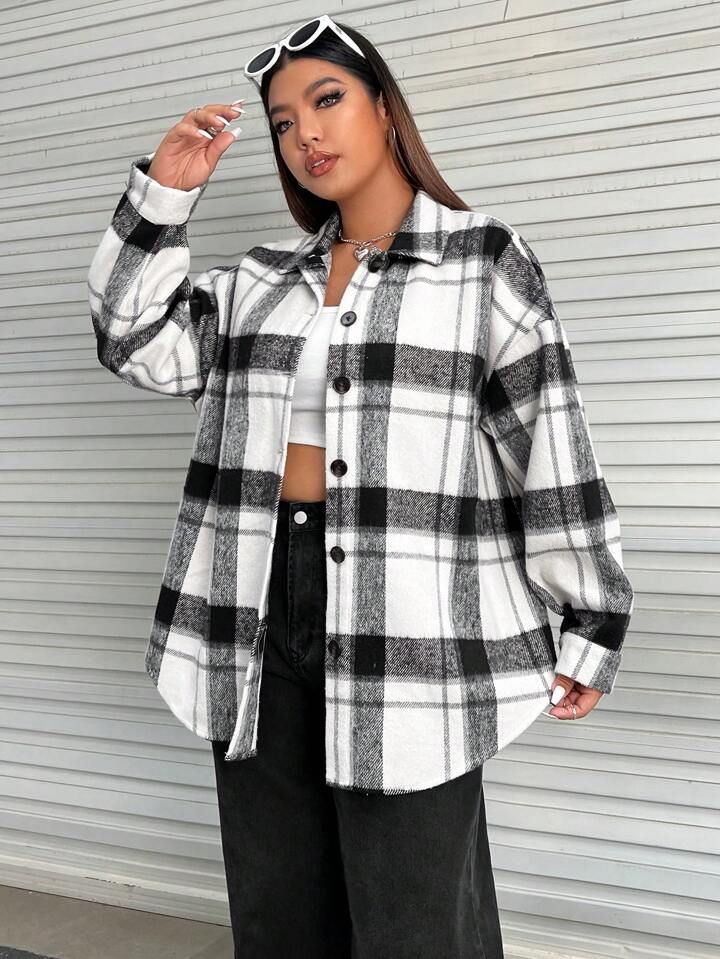 SHEIN EZwear Plus Plaid Print Drop Shoulder Overcoat | SHEIN