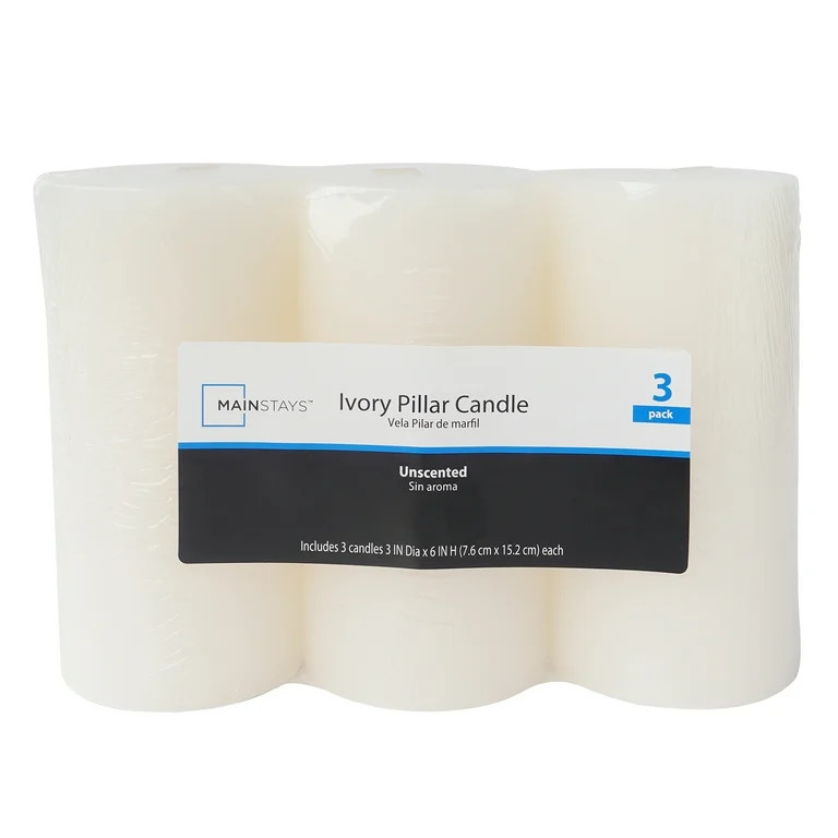 Mainstays Single Wick 3" x 6" Pillar Candle, Unscented, Ivory, 3 Pack - Walmart.com | Walmart (US)
