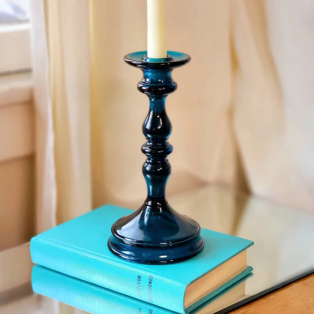 30s Tiffin Glass Peacock Blue heavy glass candlestick holder #76, blue candle holder, Tiffin cand... | Etsy (US)