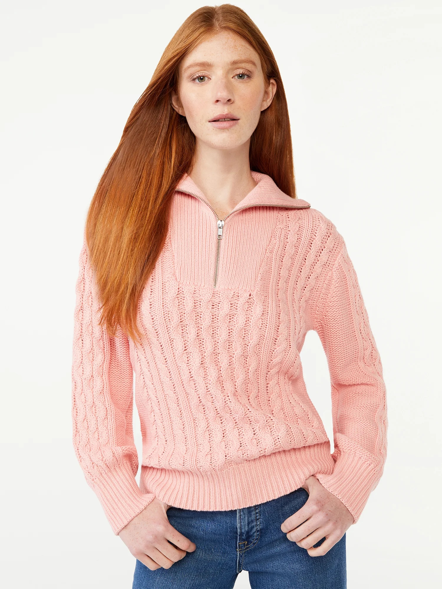 Free Assembly Women's Half Zip Cable Knit Sweater, Midweight - Walmart.com | Walmart (US)