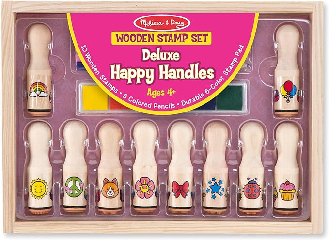 Melissa & Doug Deluxe Happy Handle Stamp Set With 10 Stamps, 5 Colored Pencils, and 6-Color Washa... | Amazon (US)