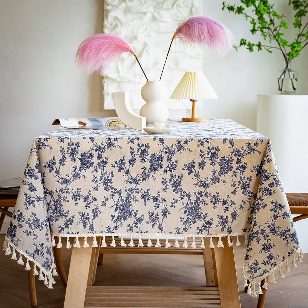 YUURAINVUVU French Vintage Blue Rose Floral Cotton Linen Fabric, Stitching Tassel Rectangle Table... | Amazon (US)