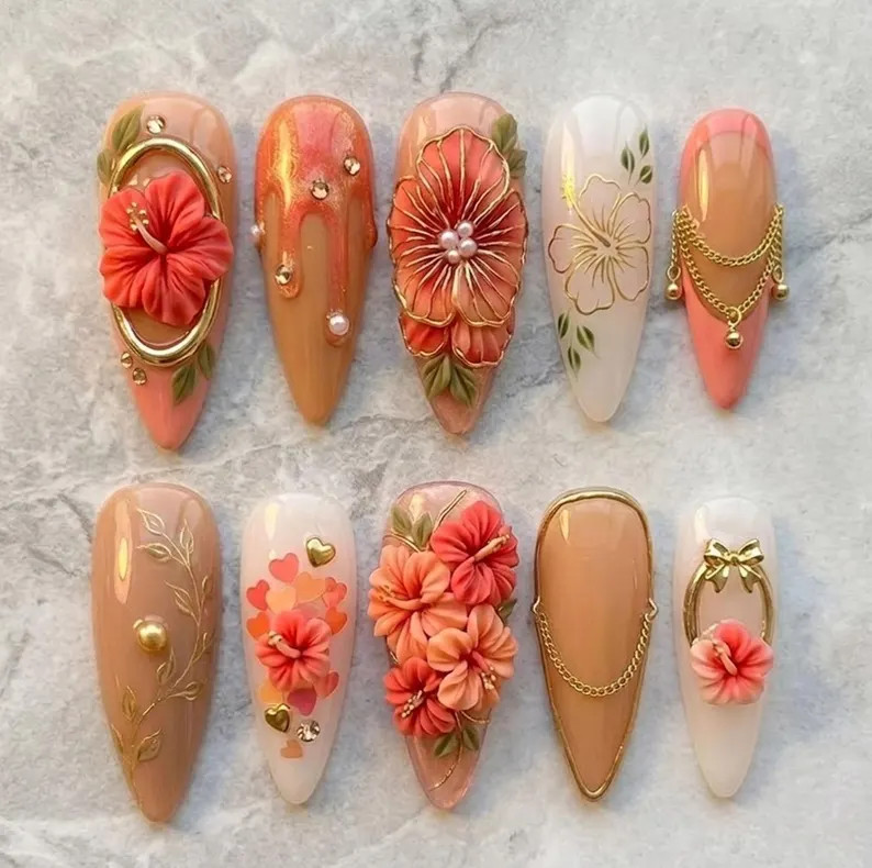 Handmade Sunset Hibiscus Nails, 3D Sculpted Floral Art, Golden Metal Frames & Chains, Luxury Peac... | Etsy (Global)